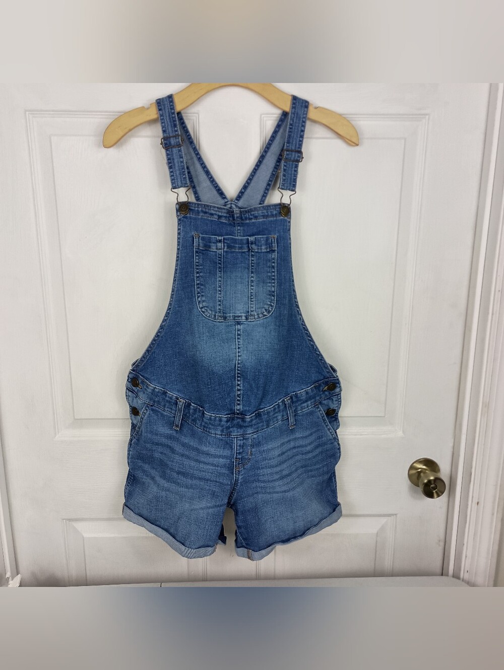 Sonoma Maternity Shortalls 6 Blue Denim Overall Bib Shorts Stretch Cuffs Pockets